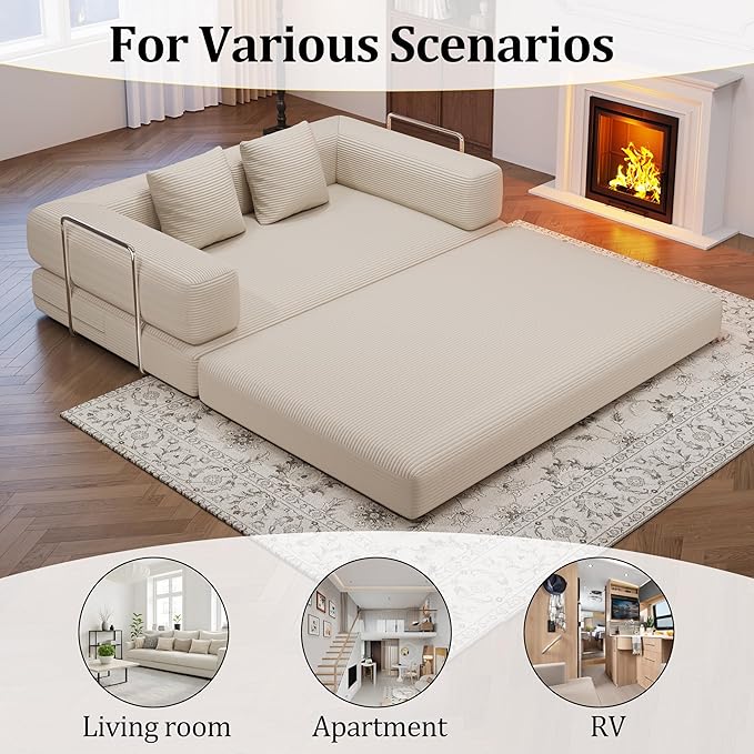 4-in-1 Foldable Sofa Bed Teddy Fabric Foam-Filled Compressed Couch, Beds Queen