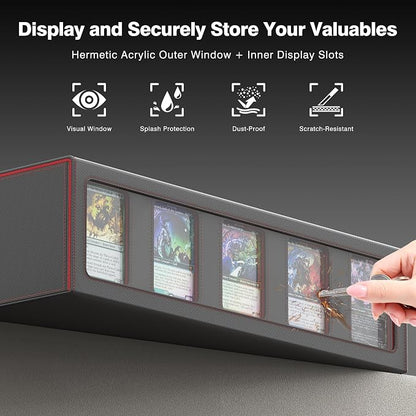 Kabinka MTG Card Storage Box with Handle & Mechanical Latch,5-Row 3900+ Commander Trading Card Case with Sealed Display Window,Top Loaders Organizer Deck Box for MTG/TCG/PTCG/Sports Cards (Black Red)