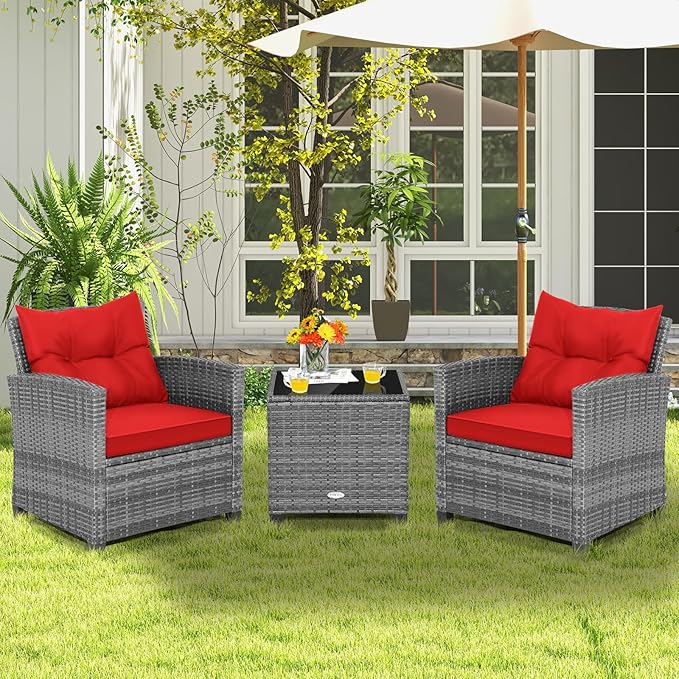 COSTWAY 3PCS Patio Furniture Set, PE Rattan Wicker Sofa w/Washable Cushion and