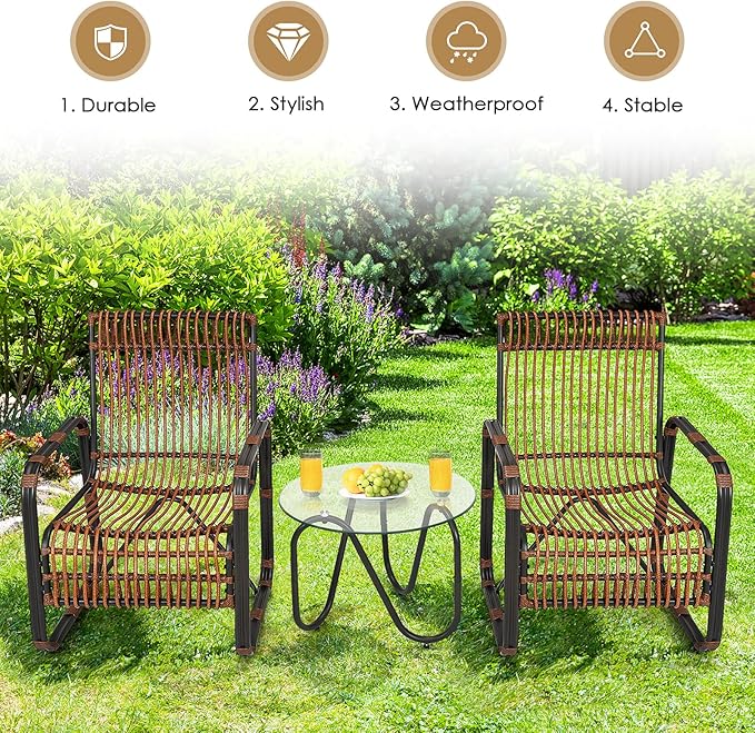 Tangkula 3 Piece Patio Rattan Furniture Set, Includes 2 Single Wicker Chairs