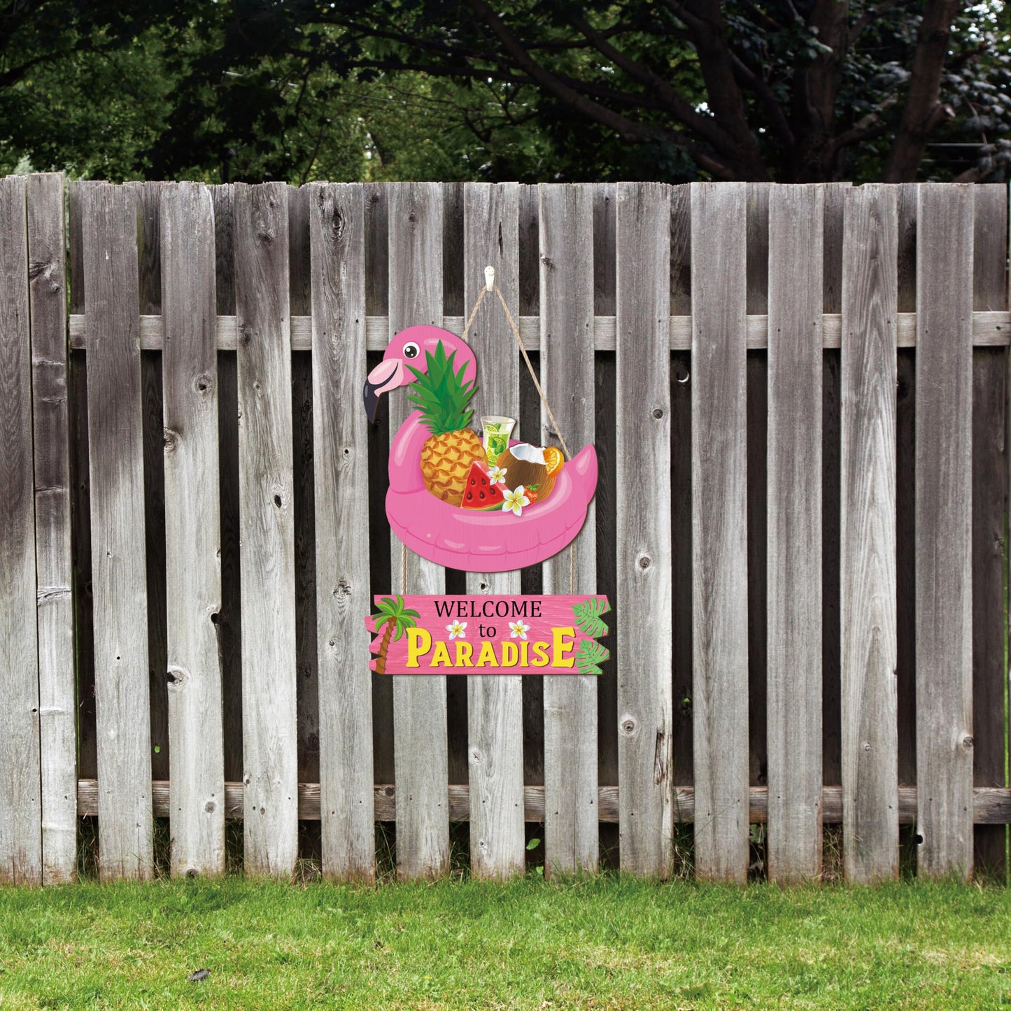 HOURIA Welcome to Paradise Door Sign(16”*11.4”), Pink Flamingo Hawaiian Summer Beach Wall Hanging Sign, Summer Coastal Tropical Fruit Coconut Tree Door Decor for Front Door Porch Pool Yard Beach Bar