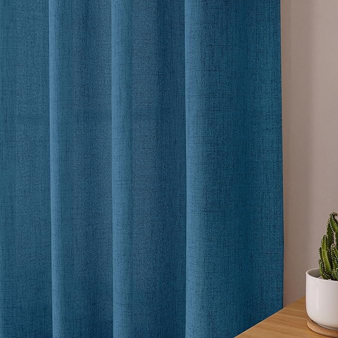 Tollpiz Linen Curtains Living Room Rod Pocket Semi Sheer Curtain Burlap Light Filtering Thick Linen Drapes for Bedroom, 38 x 63 inches Long, Classic Blue, Set of 2 Panels