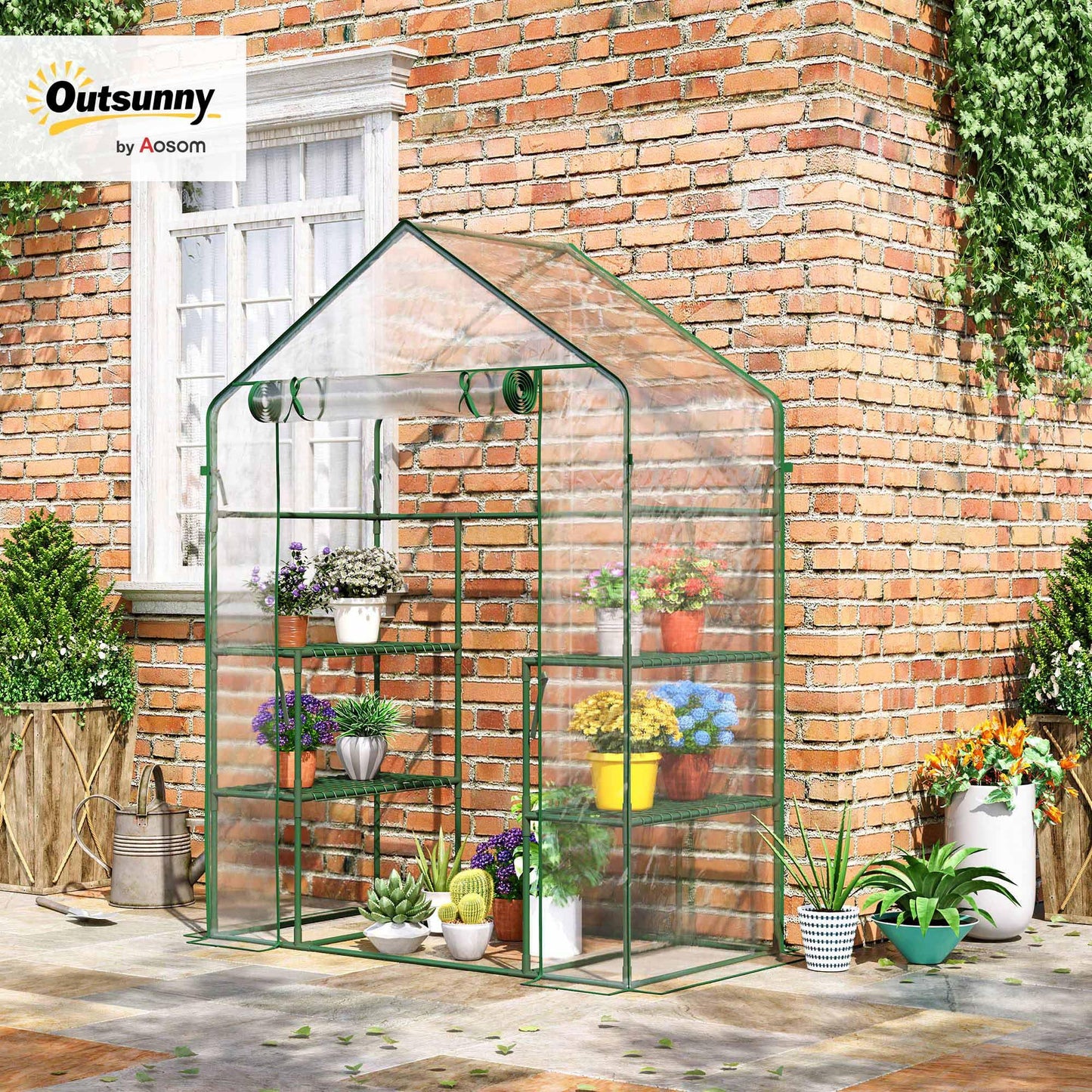 Outsunny 5' x 2.5' x 6.5' Mini Walk-in Greenhouse Kit, Portable Green House with 3 Tier Shelves, Roll-Up Door, and Weatherized Plastic Cover for Backyard Garden, Clear