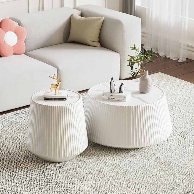 Modern Marble Nesting Coffee Table Set of 2, 26.77" Cup Shaped Coffee and End