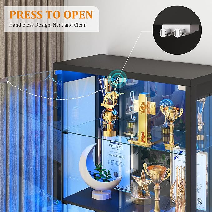 FREDEES Display Cabinet with Glass Doors, Tall Bookcase with 3 Color Lights and