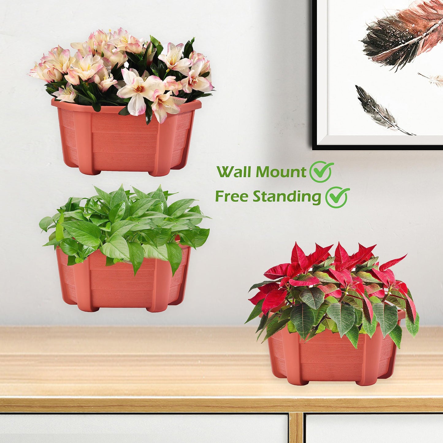 ORIMERC 9.8 inch 3 Pack Brick Red Wall Hanging Planters for Indoor Outdoor Plants Hanging Plant Holder with Drainage Hole Fence Balcony Planters Railing Hanging Pot Plant Wall Mount Decor with Hooks