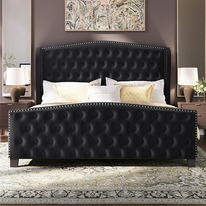 BRELTAM Upholstered King Size Bed Frame Velvet Black Tufted Platform Bed Frame