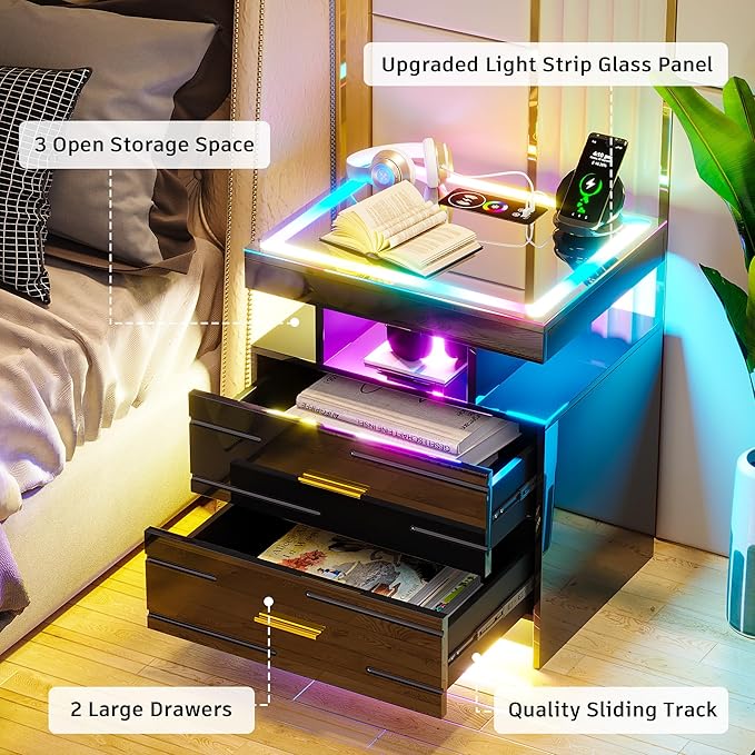 WOOVIVS Nightstand with 24 Colorful Lighst, LED Night Stand with