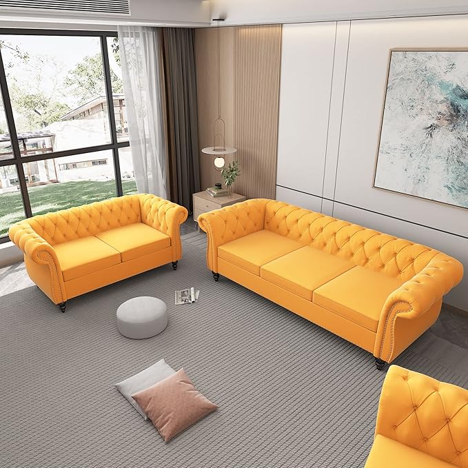 ORRD 2 Piece Living Room Set, Velvet Chesterfield Sofa Loveseat Couch