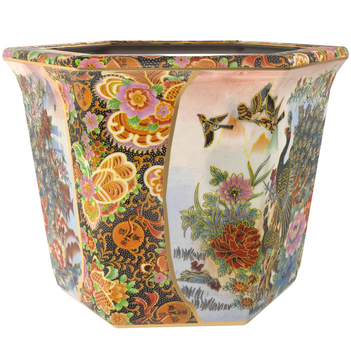 Red Lantern 10" Porcelain Flower Pot, Satsuma Ladies & Peacock