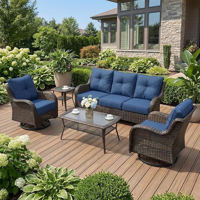 Patio Furniture Set, High Back Rattan Sofa & Swivel Rocker Chairs, Weather
