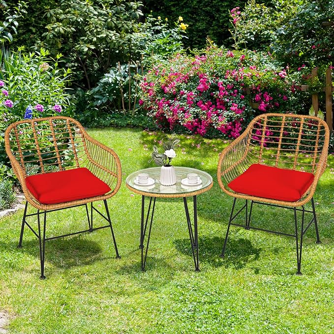Tangkula 3 Pieces Patio Bistro Set, Rattan Conversation Set