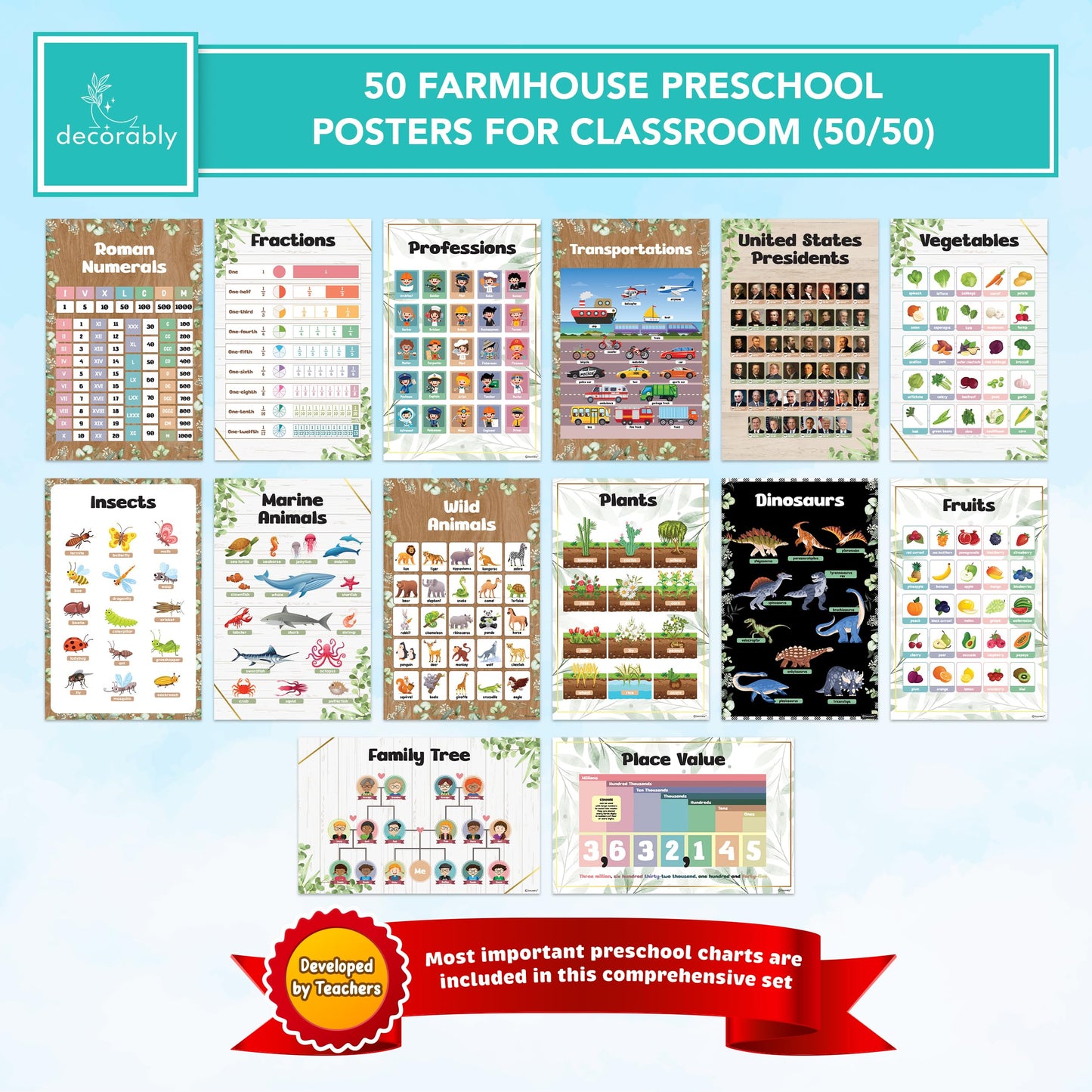 Decorably 50 Farmhouse Theme Kindergarten Posters for Homeschool, 11x17in Matte-Laminated Preschool Educational Toddler Learning Decor - Classrooms, Hallways, Bulletin Boards
