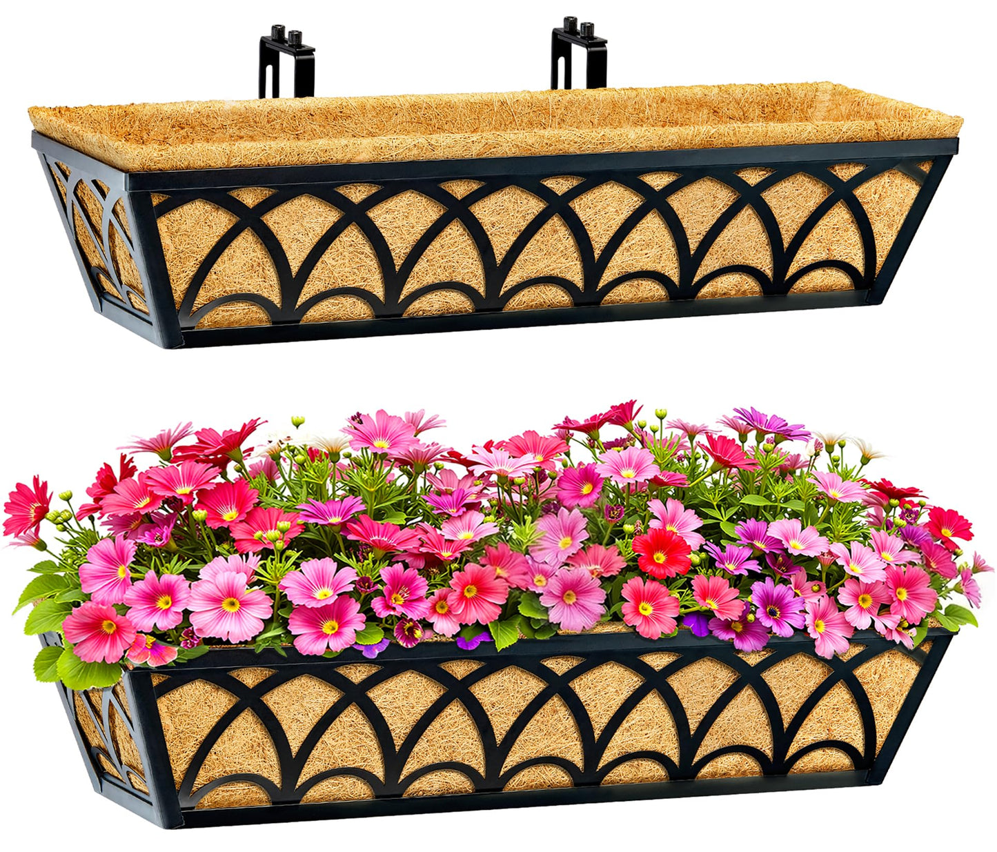 24 Inch Railing Planter Box Window Boxes Planters - 2 Pack Deck Railing Planter Boxes with Adjustable Brackets Coco Liners Balcony Planters Railing Hanging for Window Flower Boxes Outdoor Garden Decor