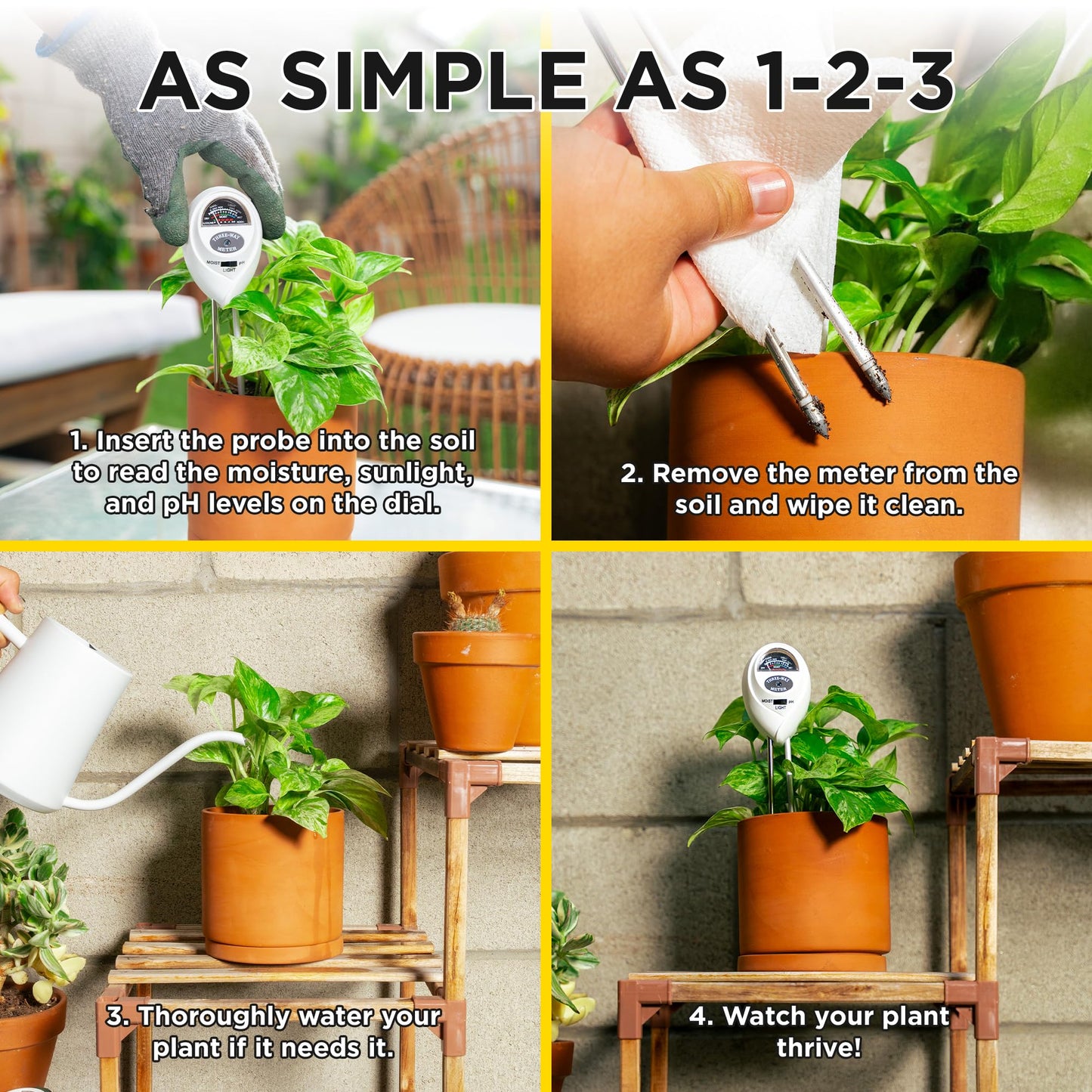 Classy Casita 3-in-1 Soil Moisture, Light, pH Meter - Hygrometer Tester for Indoor and Outdoor Plants - Monitor Levels for Garden, Farm, Lawn, houseplants, Potted Care - No Batteries Required - White