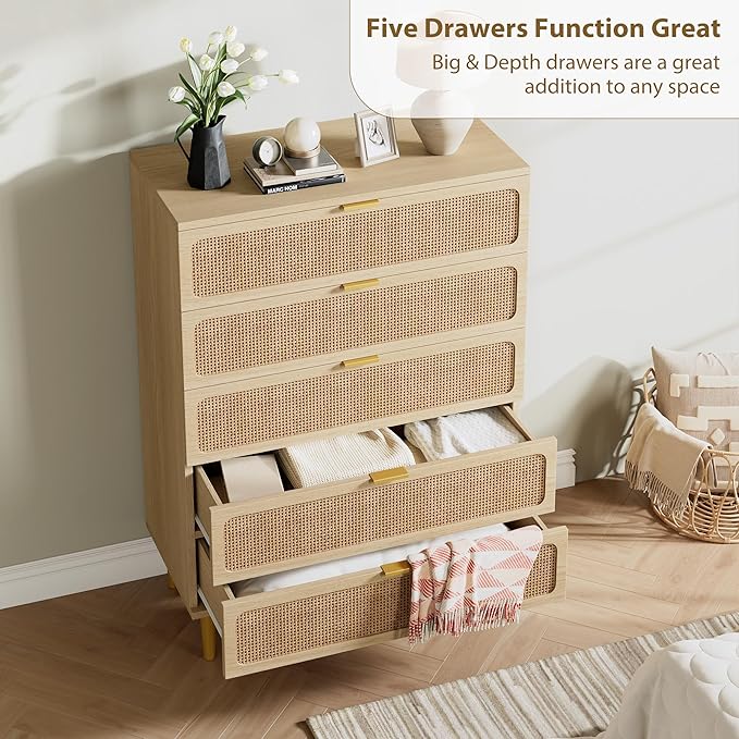 GarveeHome Rattan 5 Drawer Dressers