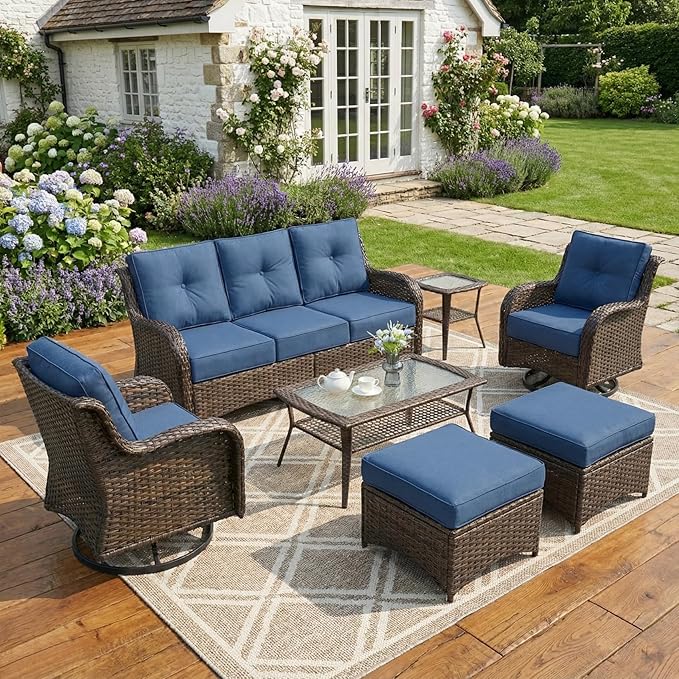 Patio Furniture Set, High Back Rattan Sofa & Swivel Rocker Chairs, Weather