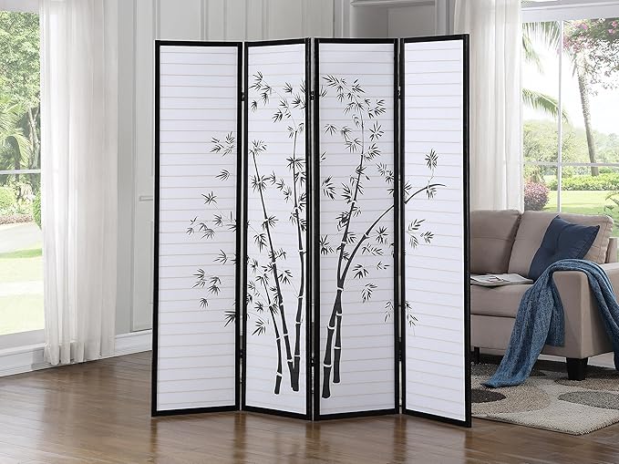 Roundhill Bamboo Print 4-Panel Framed Room Screen/Divider