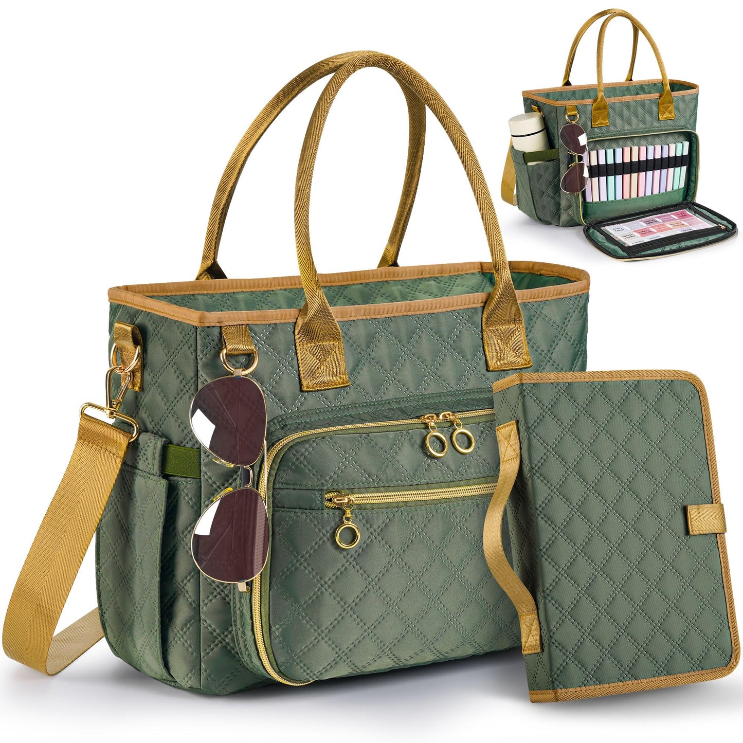 Large Bible Bag with Bible Cover Case for Women, Quilted Church Tote Bags for Bible Study Supplies, Christian Gifts for Women (Green)