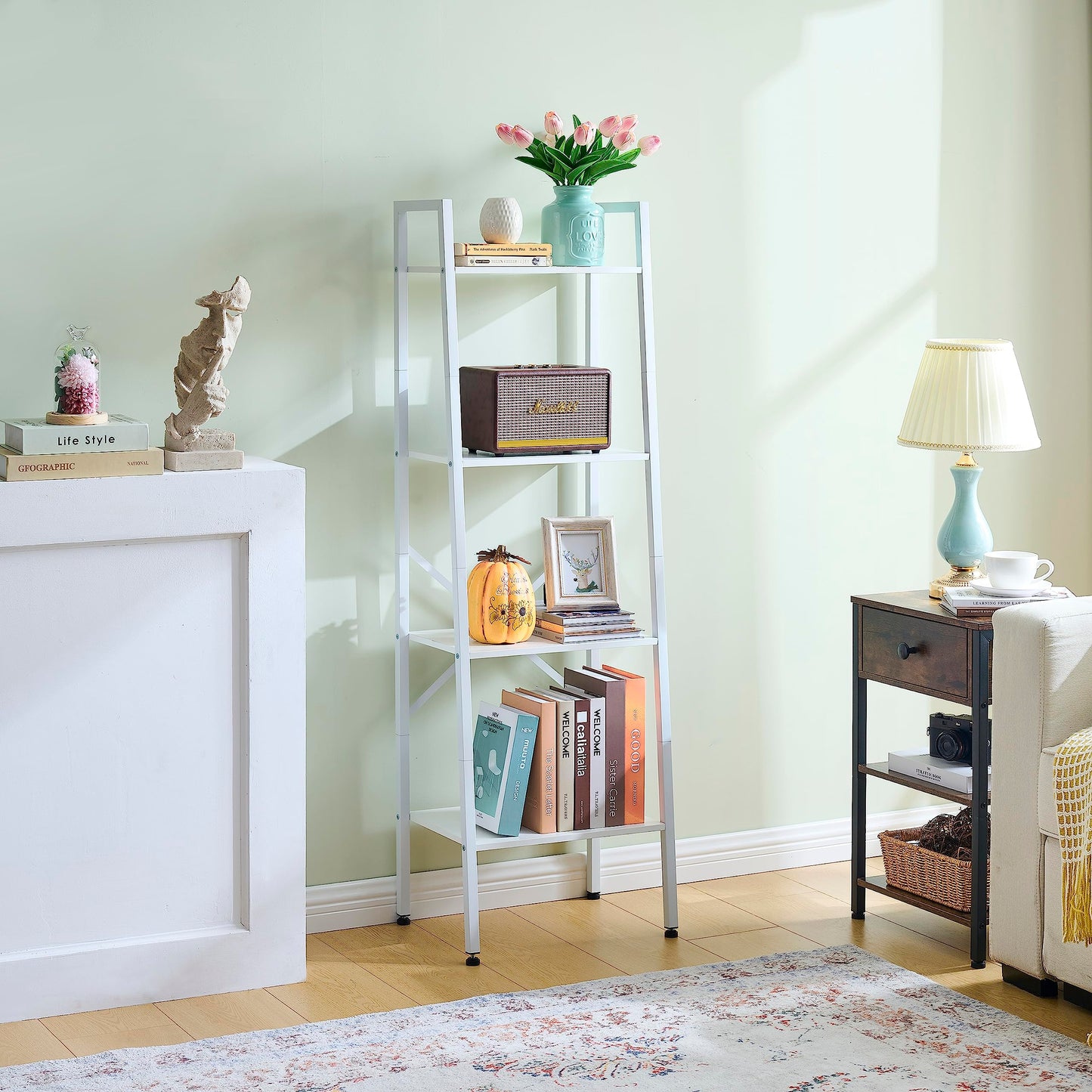 Hoctieon 4-Tier Industrial Ladder Bookshelf, Narrow Ladder Shelf, Tall Standing Bookshelf, Skinny Open Ladder Shelf, for Living Room, Home Office, Kitchen, Bedroom, Metal Frame, White