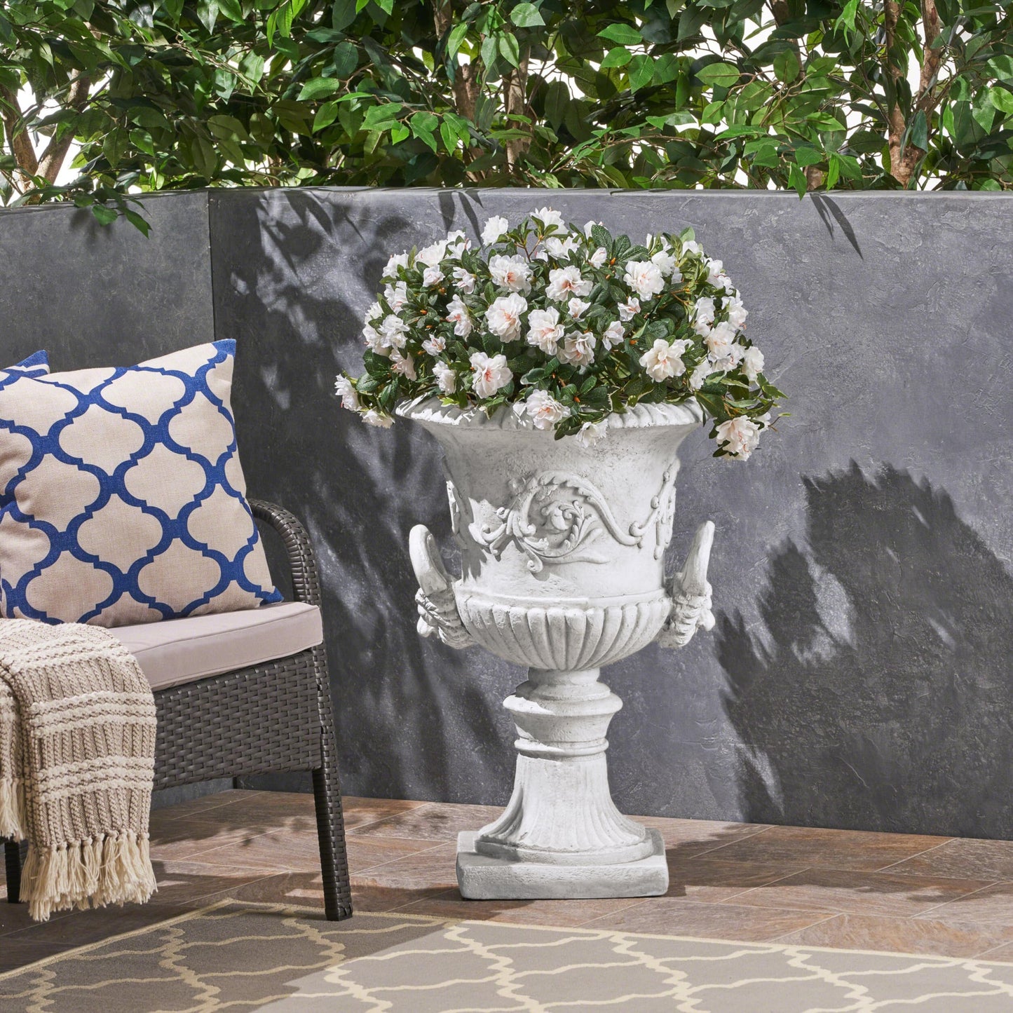 Christopher Knight Home Adonis Traditional Roman Chalice Garden Urn Planter with Lion and Floral Accents, Antique White