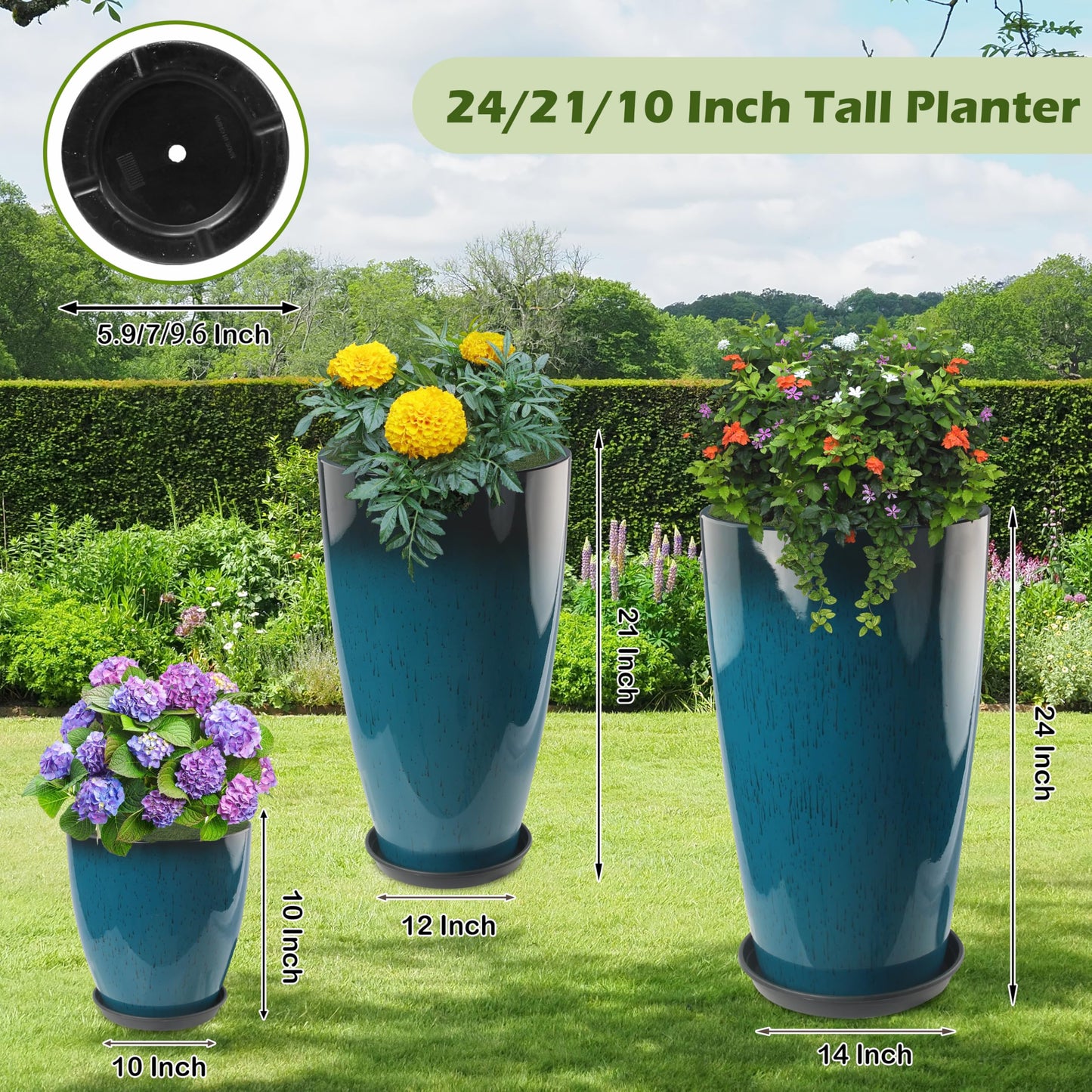 Goldshire 24-21-11 Inch Tall Planters Set of 3, Indoor Outdoor Blue Glossy Round Planter with Drainage Hole and Saucer, Large Decorative Plant Pots for Home Garden Porch (Blue)