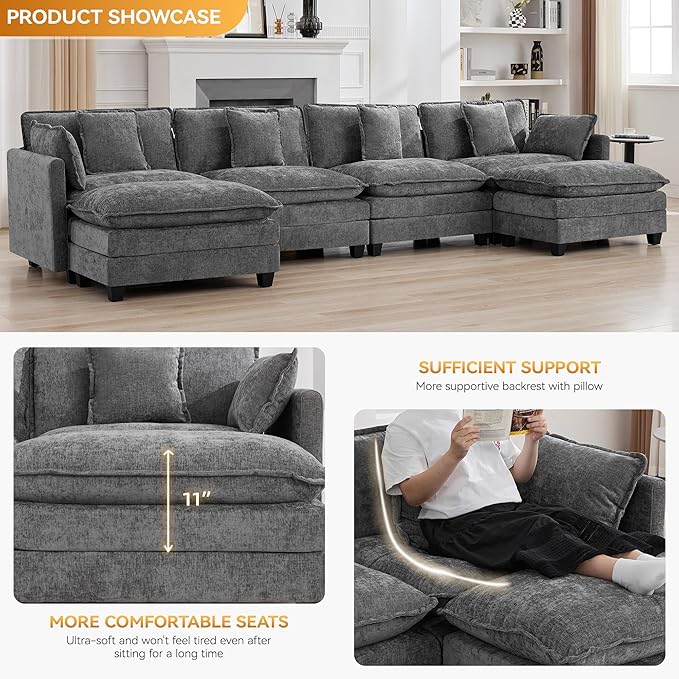 147'' Sectional Cloud Deep Seat Couch, Oversized Chenille U Shaped Sectional