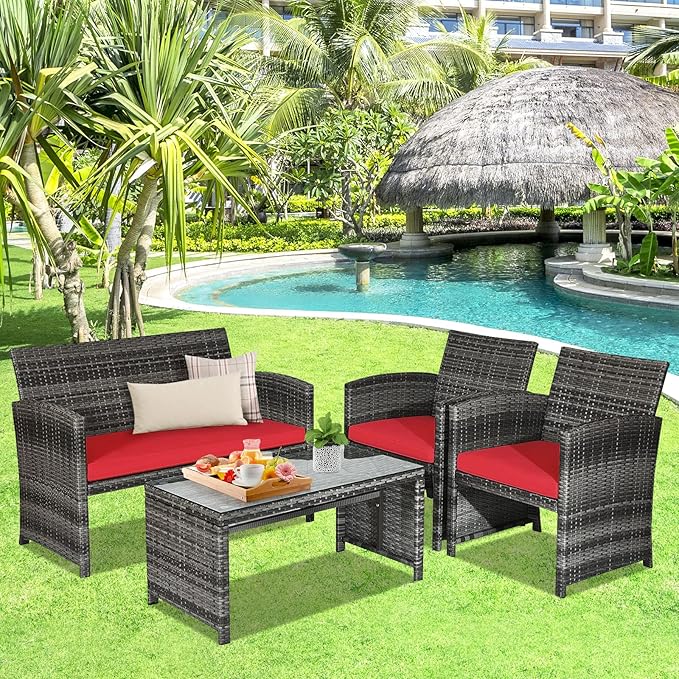 Goplus 4-Piece Rattan Patio Furniture Set, Outdoor Wicker Conversation Sofa