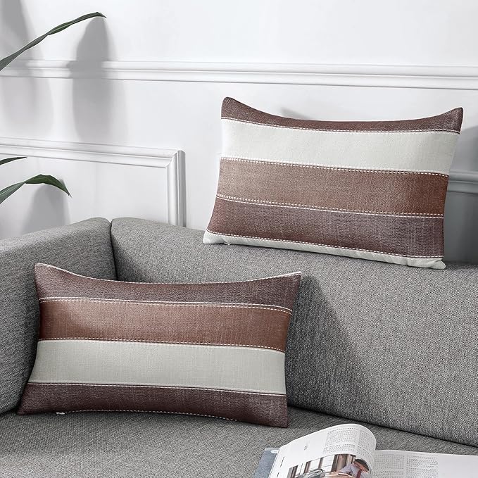 AmHoo Pack of 2 Farmhouse Stripe Check Throw Pillow Covers Set Case Cotton