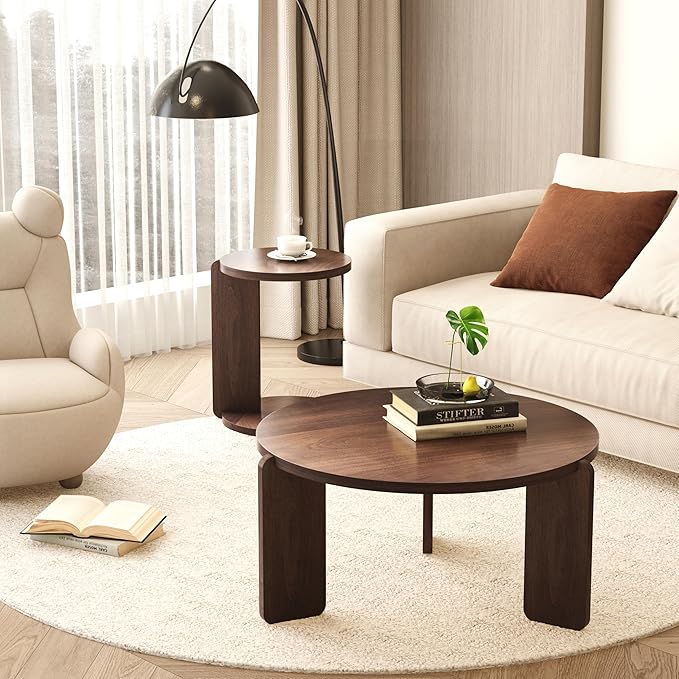 GDFStudio Round Nesting Coffee Table Set of 2, Modern Wooden Accent Side Table
