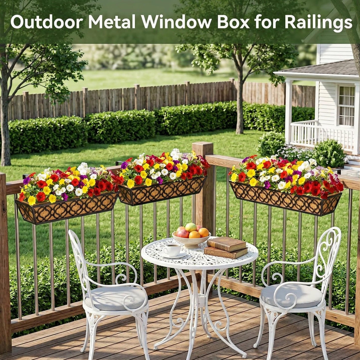 LAWYAMAI 4 Pack 30 Inch Railing Planter Box with Coco Liner, Adjustable Metal Window Box Planter for Balcony Deck Fence, Hanging Flower Basket for Outdoor Garden, Black