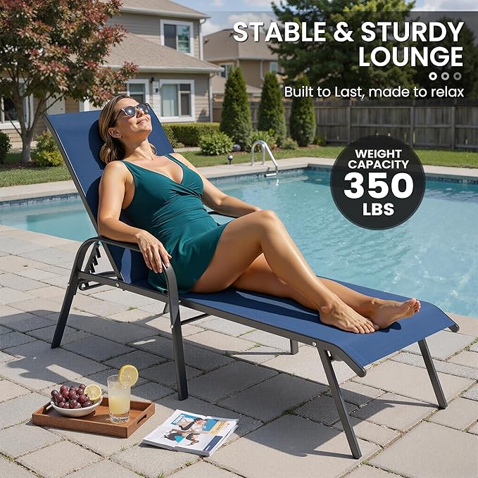 Crestlive Products Outdoor Chaise Lounge Chair, 5-Position Pool Lounge Chairs