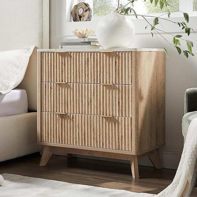 T4TREAM Fluted 3 Drawers Nightstand, Oversized Extra Large Modern Side Table