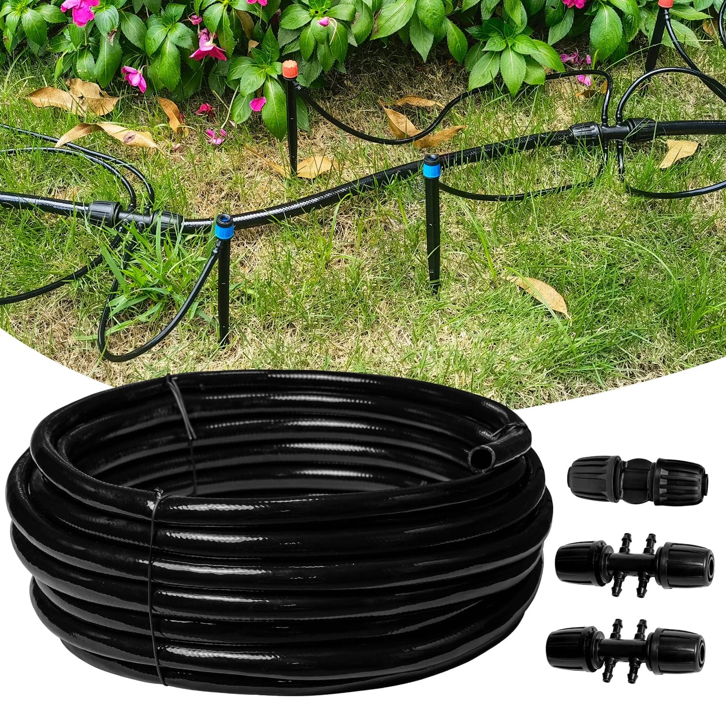 50 FT 1/2 Inch Drip Irrigation Tubing Main Drip Line Hose Tube for Garden Watering Landscape Irrigation System (Includes 2 Pack 6-Way Connector and 1/2" Straight Connector)