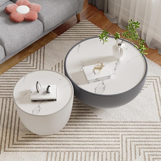 Round Marble Coffee Table Set of 2, 2 Piece White Coffee Table and End Table