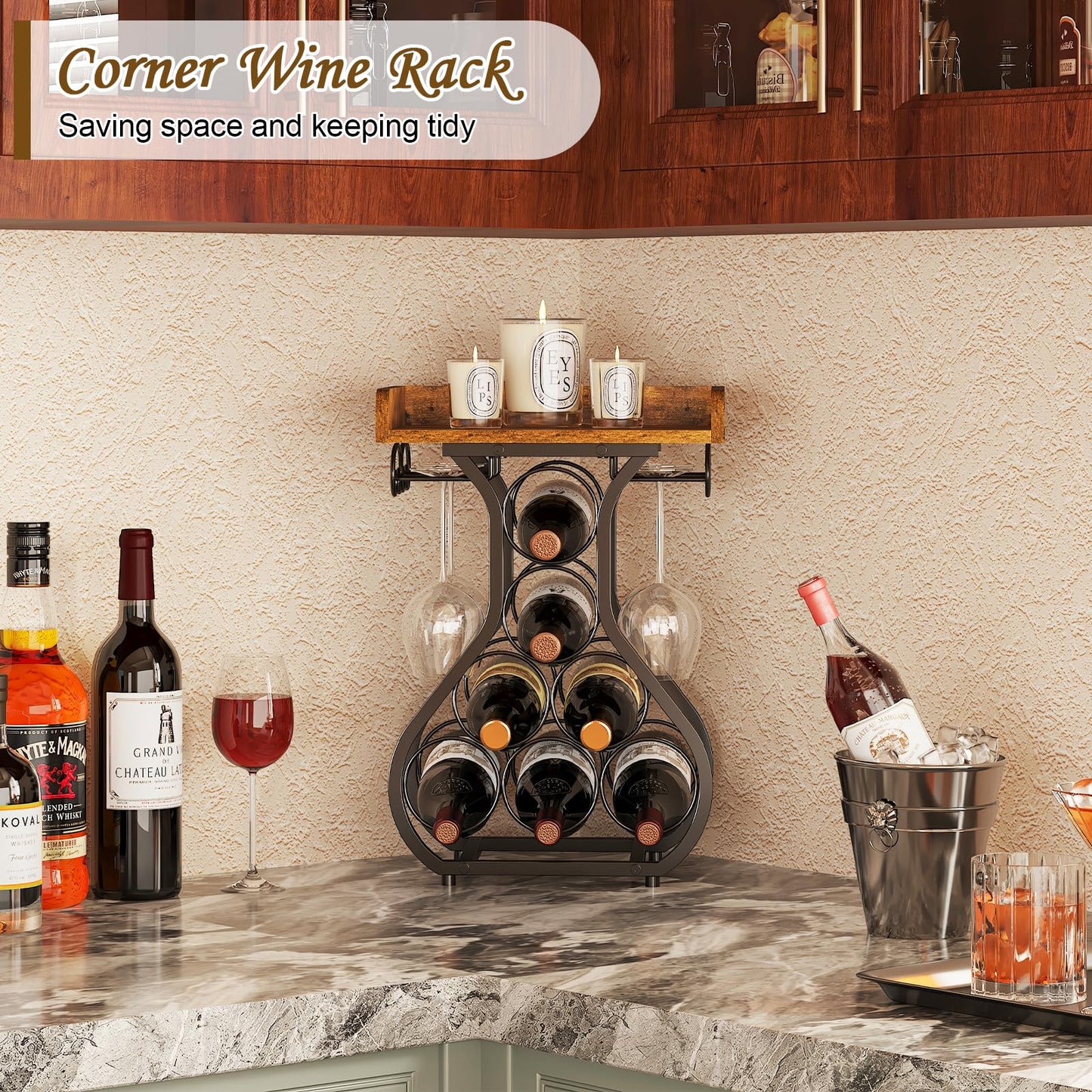 X-cosrack Wine Racks Countertop, Small Wine Rack with Wine Glass Holder, Mini Countertop Wine Rack with Tabletop Wine Storage Cabinet Shelf for Kitchen Pantry Home Bar