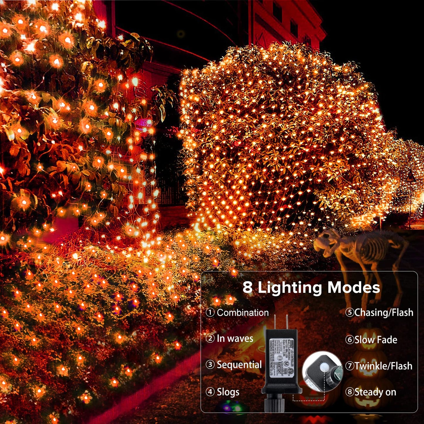 BlcTec Halloween Net Lights 360 LED 9.8ft x 6.6 Orange Halloween Lights with 8 Modes, Timer, Connectable, Waterproof & Dark Green Wire Design for Lawn, Porch, Shrub, Bushes Outdoor Holiday Decorations