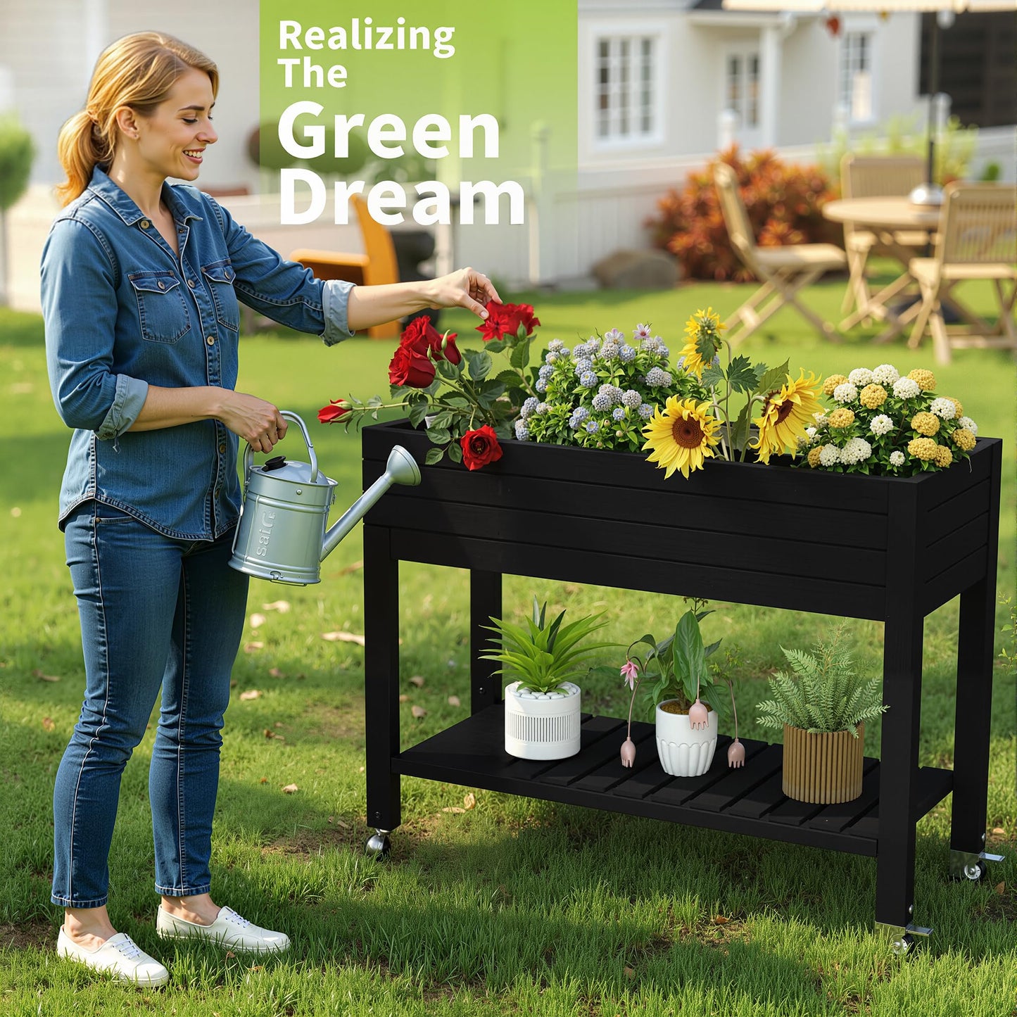 PatioZen Raised Garden Bed with Legs, 33.66" Tall Self-Watering Resin Planter Box with Lockable Wheels Drainage Plug and Gauge for Vegetables, Flowers, Storage Shelf for Tools and Accessories (Black)