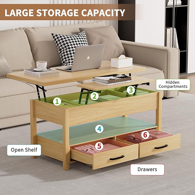 SYESWAY 42'' Lift Top Coffee Table, 4-in-1 Multifunctional Lift Coffee Table