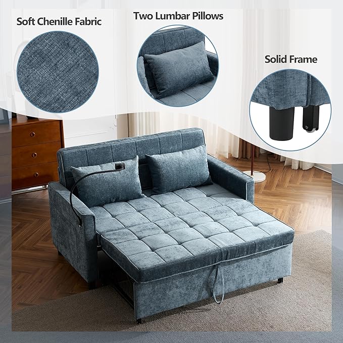 3 in 1 Convertible Sleeper Sofa Bed, 56.9" Small Pull Out Couch Bed