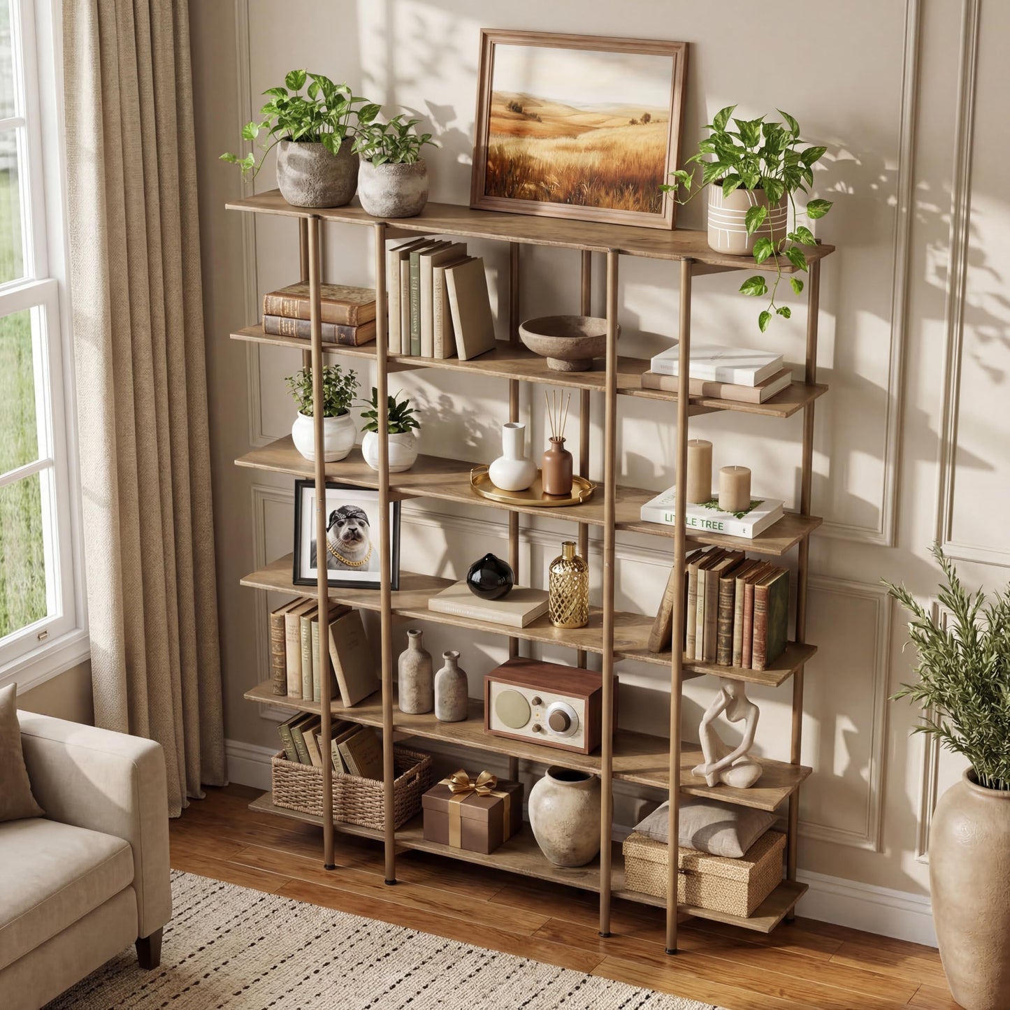 LITTLE TREE 70.87" Tall Open Bookshelf, 6-Tier Display Rack with Metal Frame & Wooden Shelves, Modern Bookshelf for Living Room, Home Office, Kitchen, Bedroom, Brown & Gold