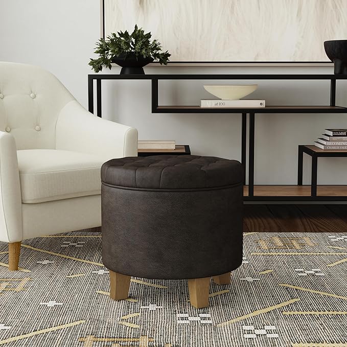 Homepop Home Decor | Upholstered Round Faux Leather Tufted Foot Rest Ottoman |