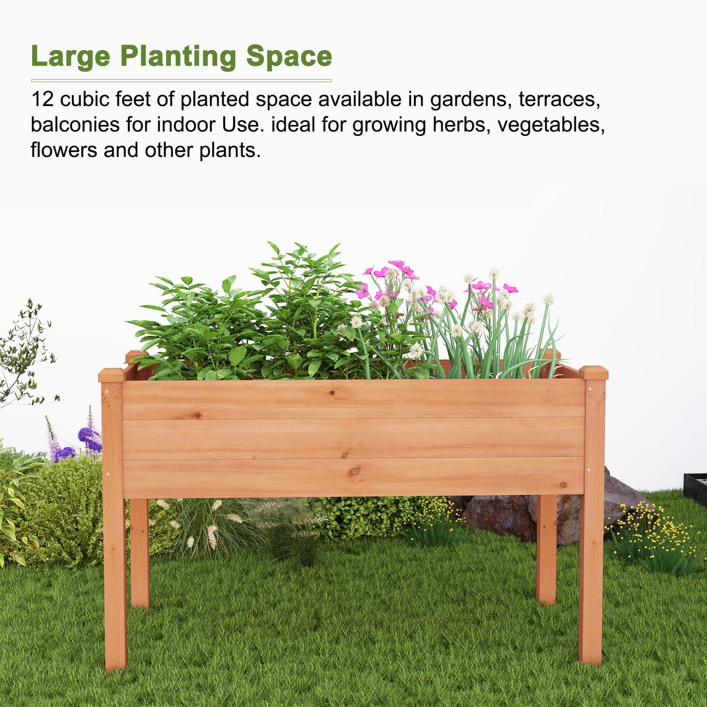 BIRASIL Outdoor Raised Garden Bed, Wood Planter Box for Vegetable Flower, Elevated Reinforced Large Garden Planters Boxes for Backyard Patio Gardening Balcony (48”L, Brown)