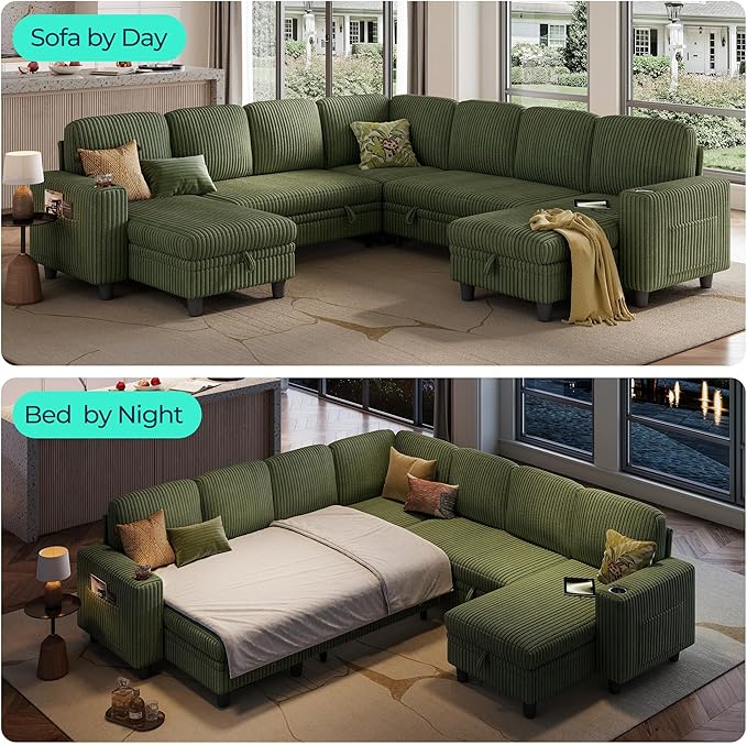 LINSY HOME Sectional Sofa with Pull Out Bed, 7 Seats Corduroy Reversible