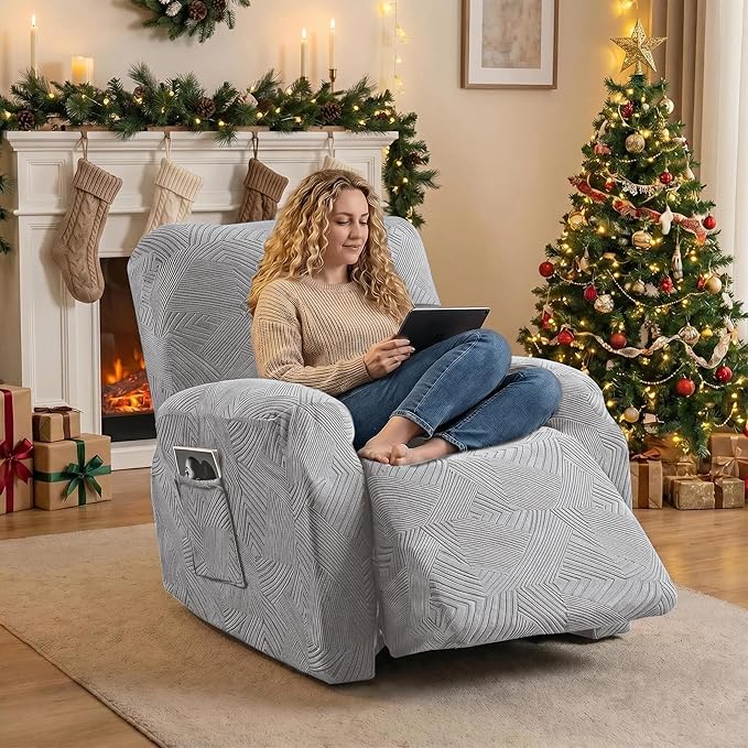 Recliner Chair Covers, 4-Piece Stretch Geometric Strokes Jacquard Reclining