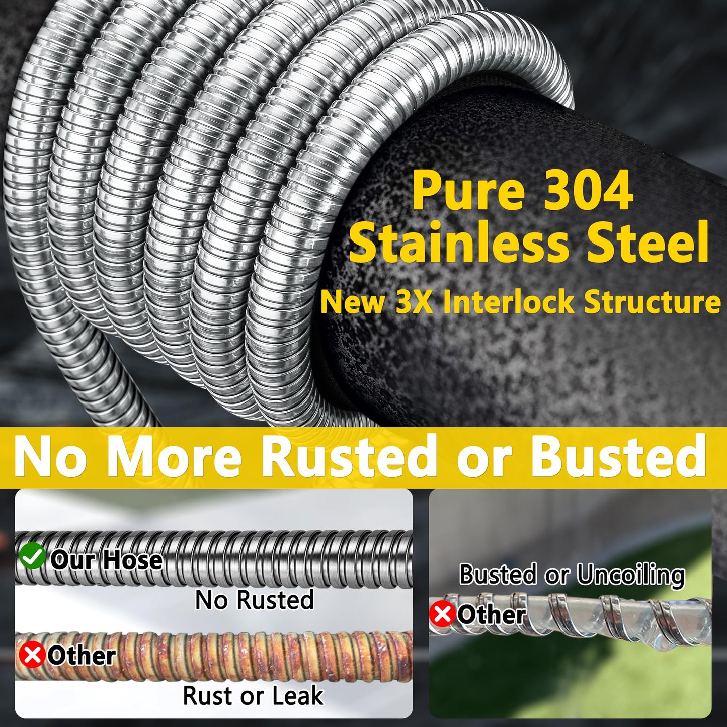 200 ft Stainless Steel Garden Hose - 2026 New Technology Metal Water Garden Hoses with 3/4" Solid Fitting - Lightweight,Ultra Flexible,Durable,Kink-Less Watering Pipes Garden Hoses For Yard, Outdoor