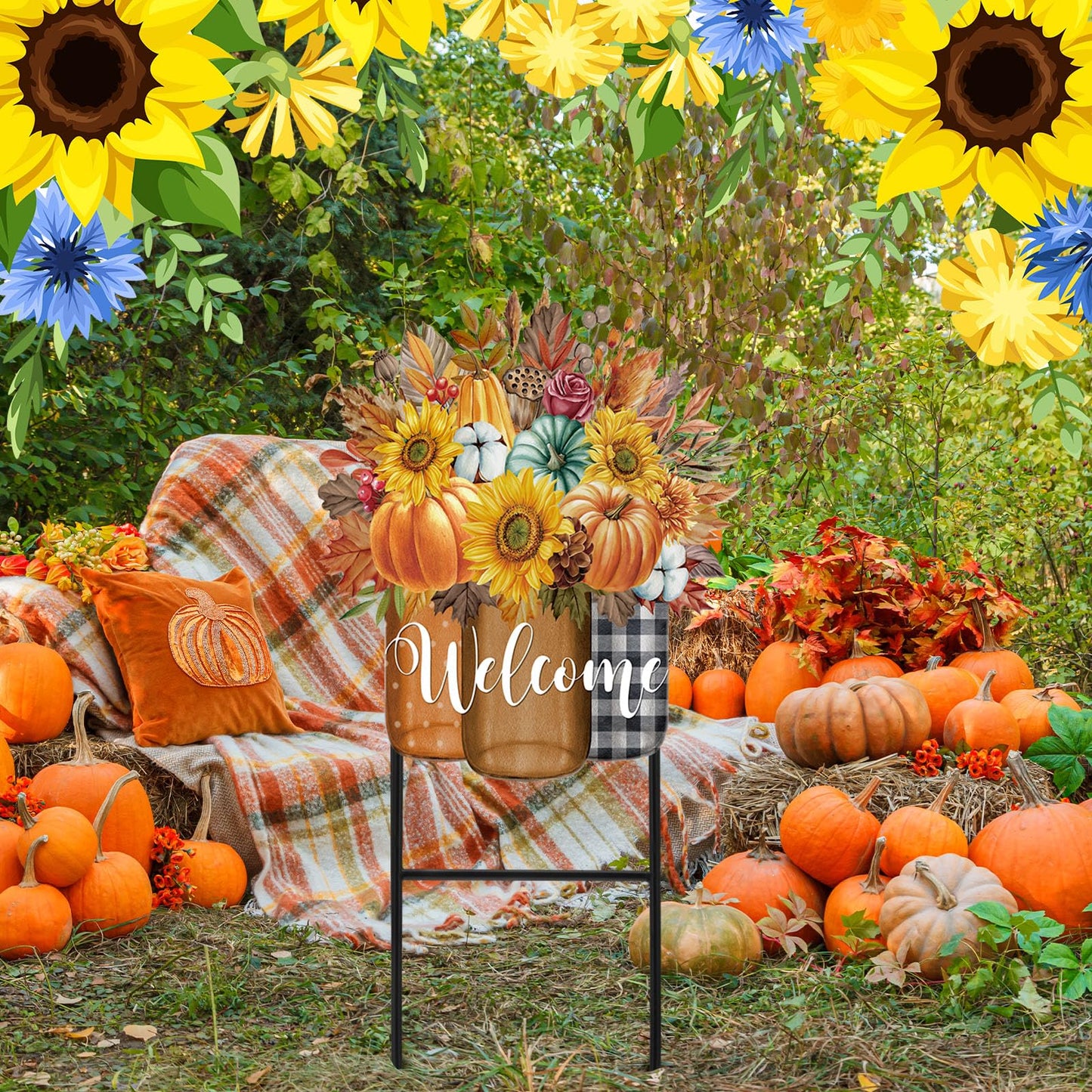 Amyhill Fall Outdoor Decor Metal Garden Stakes 25 Inch Autumn Welcome Yard Signs Fall Decorations Outdoor Pumpkin Decorative Garden Stakes Decorations Thanksgiving Autumn Harvest Patio Lawn Walkway