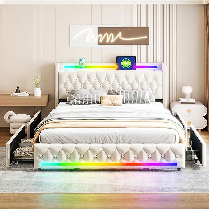 Music Player Bed with Bluetooth Speakers, Queen Size Smart Bed, USB&Type C