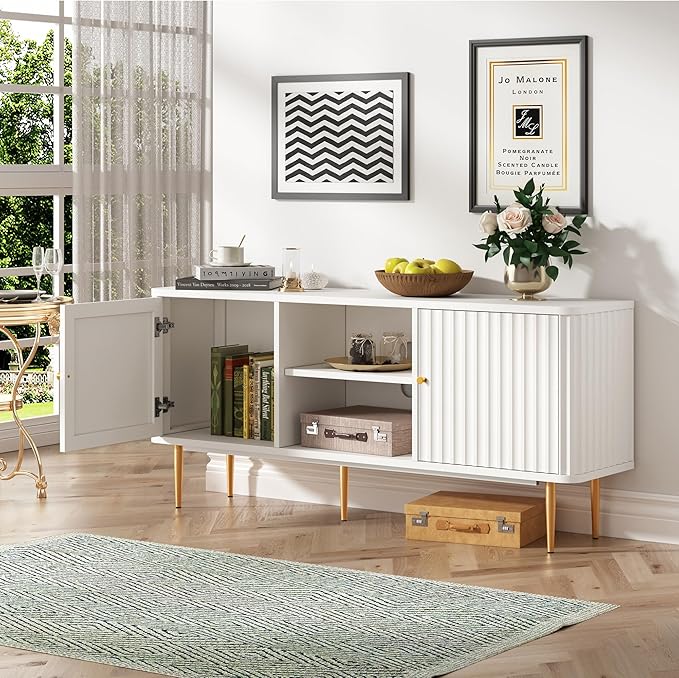 ARTPOWER 55” Fluted TV Stand, Mid Century Modern White TV Stand