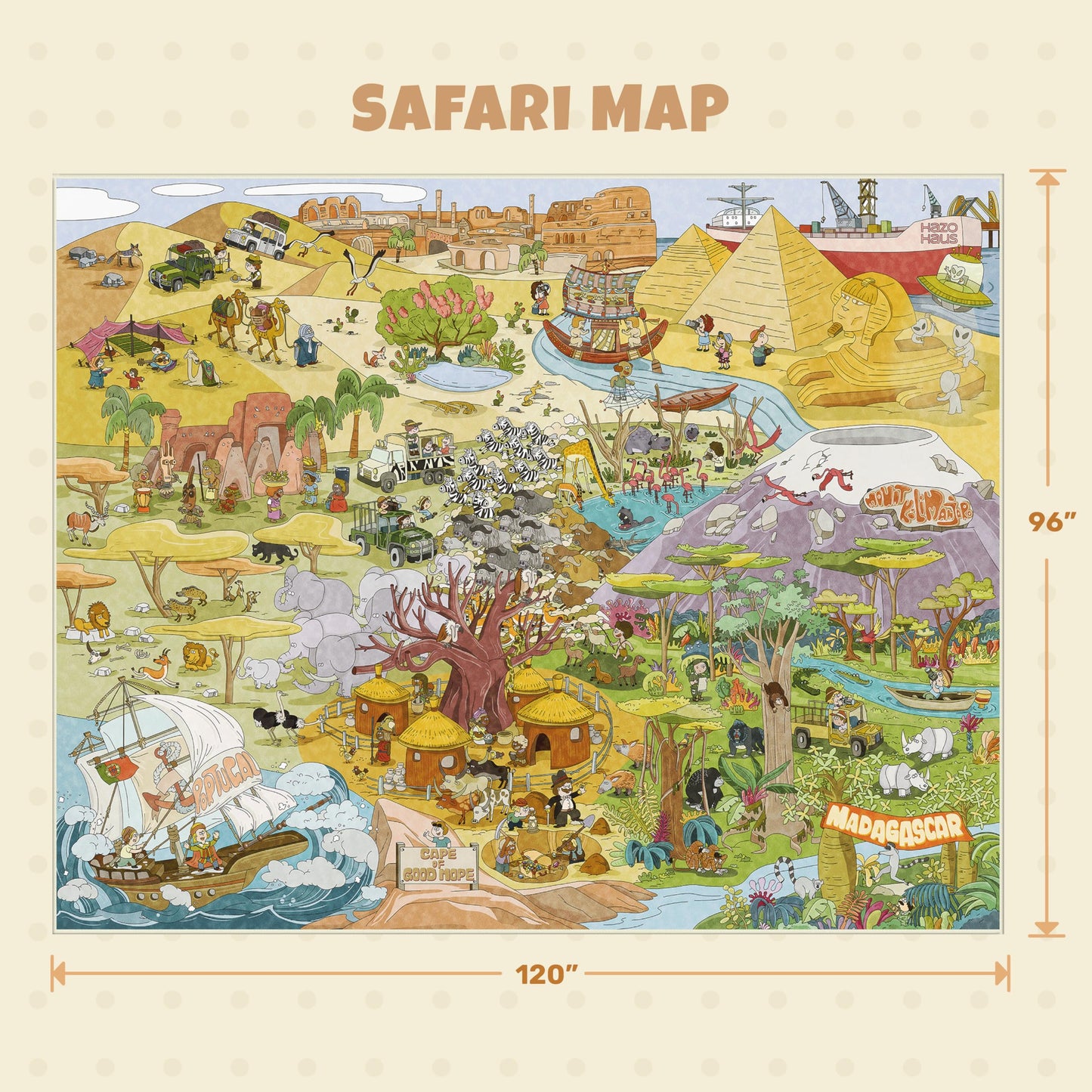 Large Kids Playroom Rug 8x10 – Desert Adventure Safari Animal Map Carpet with Lions, Elephants, Giraffes & Tribes – Educational Play Mat for Boys & Girls Bedroom, Classroom, or Reading Nook